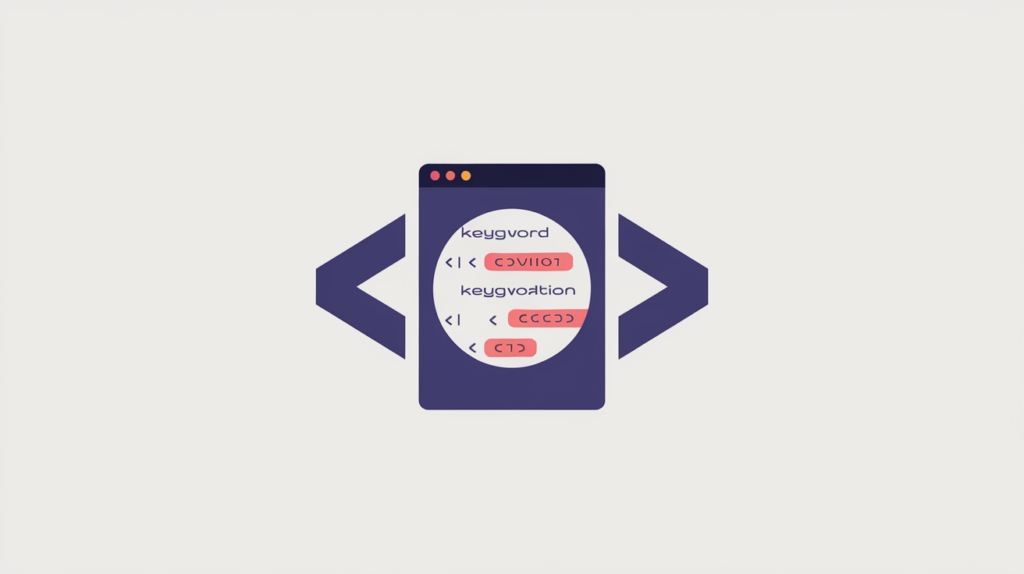 Abstract illustration of keyword variations detected inside HTML class attribute values rather than visible text, in RankGear indigo and coral.