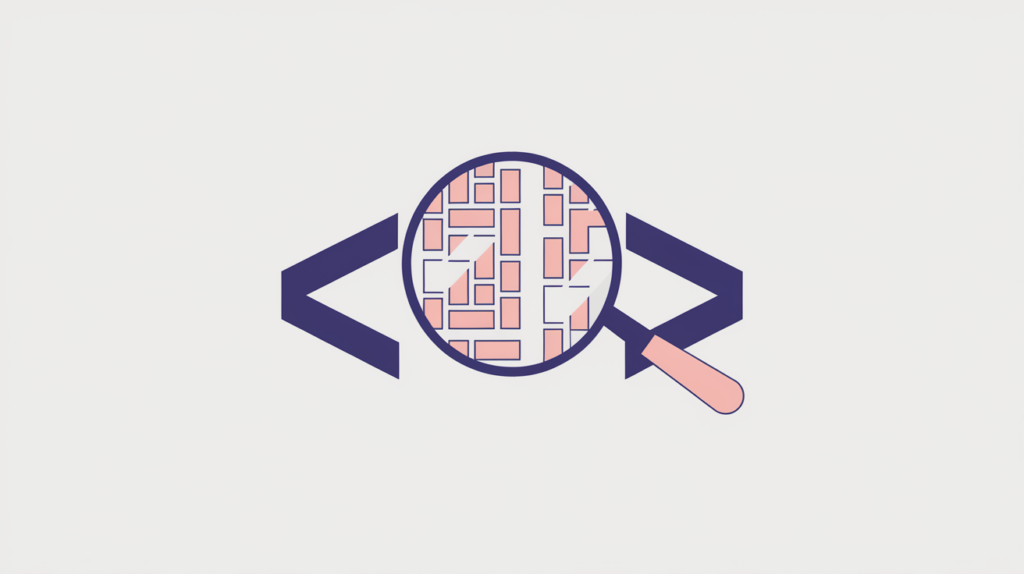 Abstract illustration of keyword variations counted inside an HTML code tag, in RankGear indigo and coral.