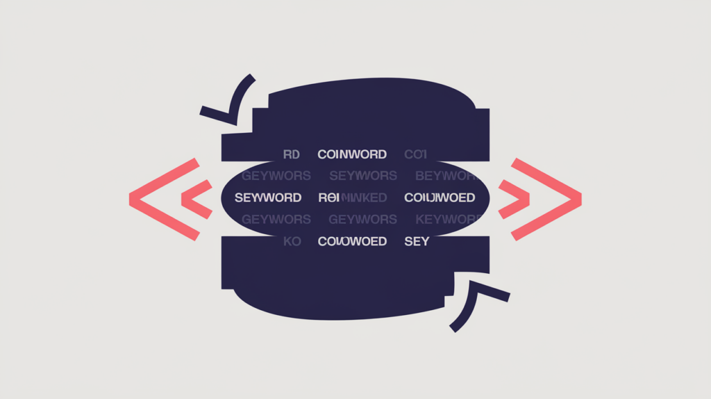 Abstract illustration of keyword variations counted inside struck-through HTML del tags marking deleted content, in RankGear indigo and coral.