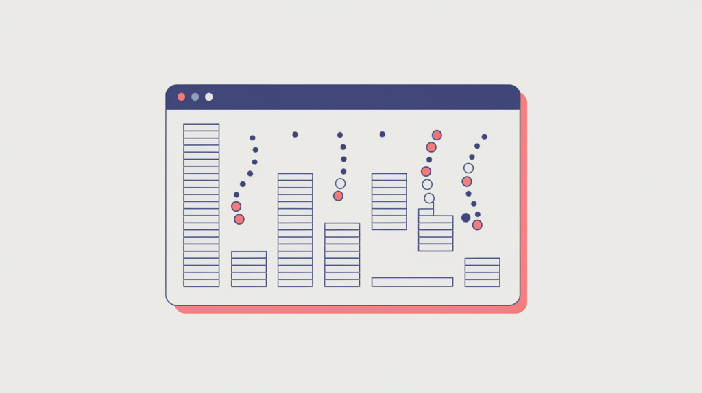 Abstract illustration of a modal dialog window with recurring keyword markers inside it, in RankGear indigo and coral.