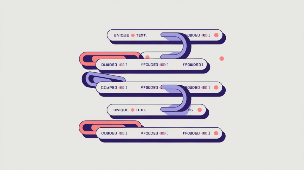 Abstract illustration of keyword variations inside distinct anchor href destination URLs, in RankGear indigo and coral.