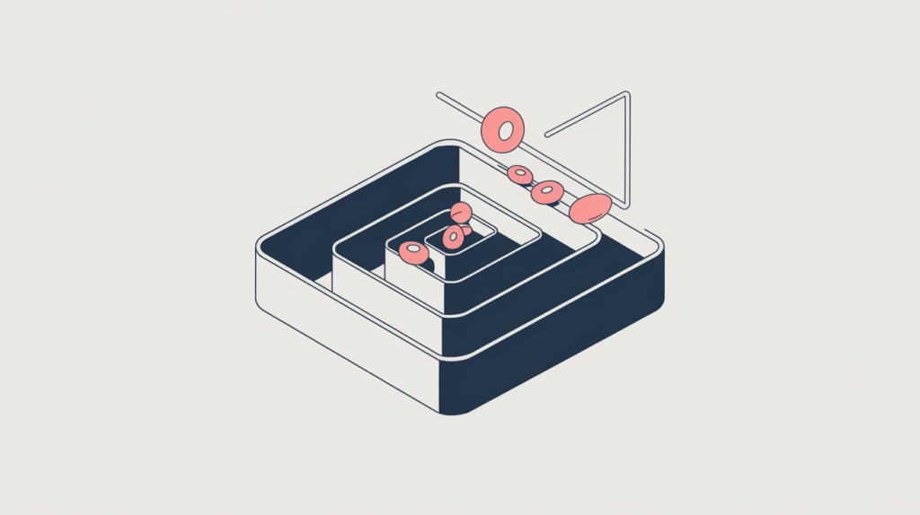 Abstract illustration of keyword variation tokens counted inside nested div container blocks, in RankGear indigo and coral.