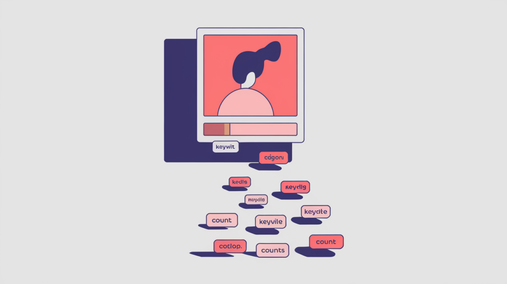Abstract illustration of keyword variations counted inside a figure caption, in RankGear indigo and coral.