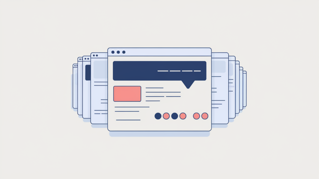 Abstract illustration of keyword variation tokens counted inside a webpage footer bar that repeats across stacked pages, in RankGear indigo and coral.
