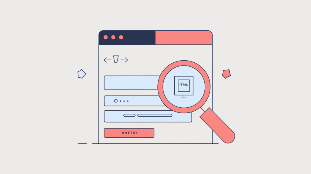 Abstract illustration of a form's opening-tag attributes being scanned for keyword variations while its inner fields are ignored, in RankGear indigo and coral.