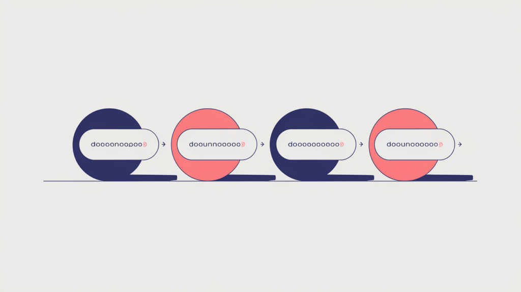 Abstract illustration of keyword variations counted inside outbound link hostnames, in RankGear indigo and coral.