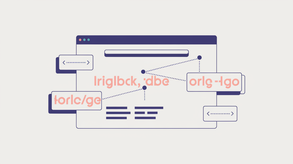 Abstract illustration of a repeated keyword token counted across every layer of a page's HTML source — text, attributes, URLs, and markup — in RankGear indigo and coral.