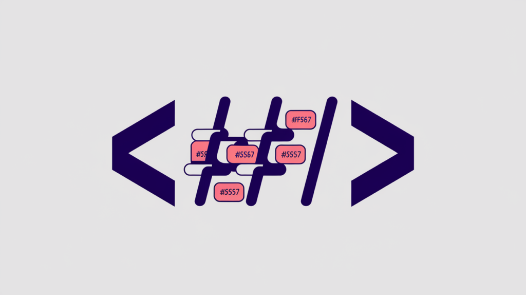 Abstract illustration of HTML id attributes carrying highlighted keyword variations, in RankGear indigo and coral.