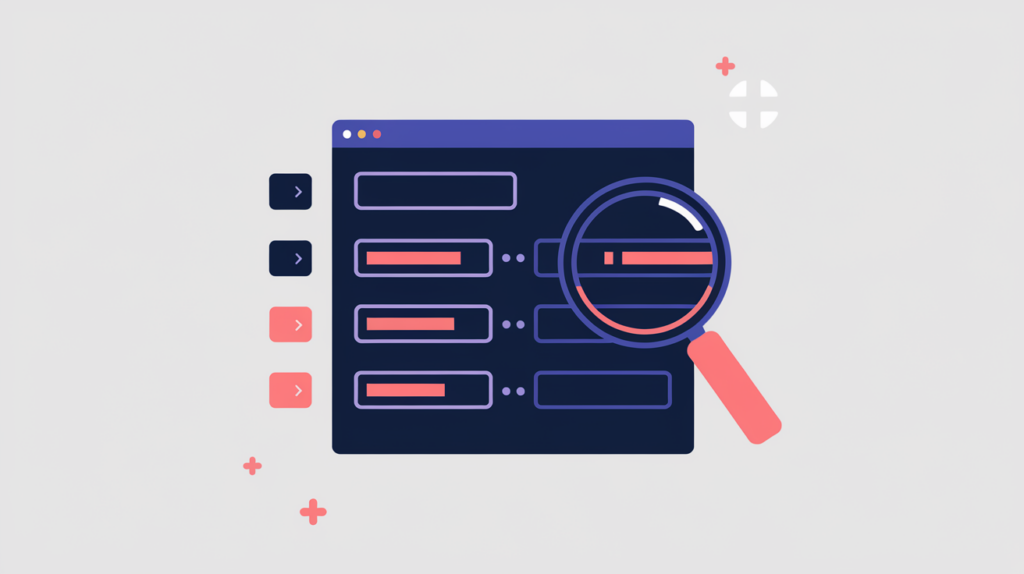 Abstract illustration of form-field labels being highlighted and counted, in RankGear indigo and coral.
