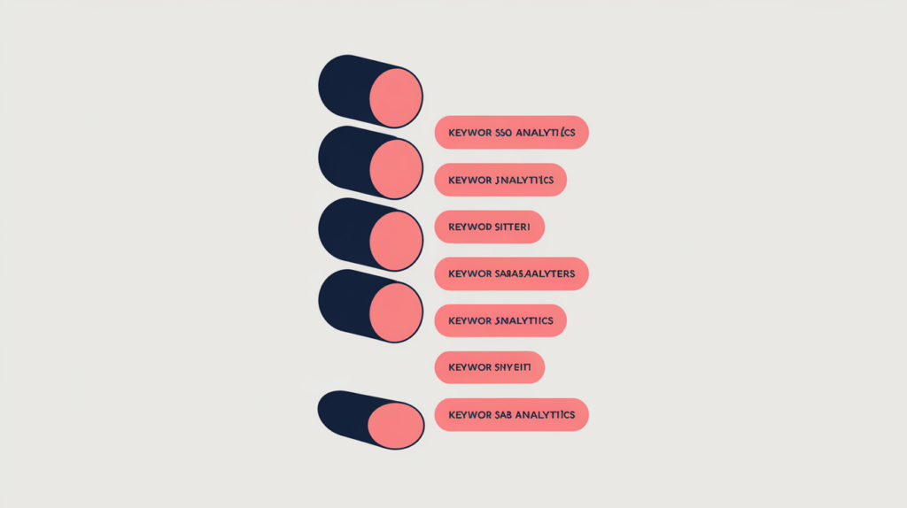 Abstract illustration of a bulleted list with recurring highlighted keyword tokens across list items, in RankGear indigo and coral.