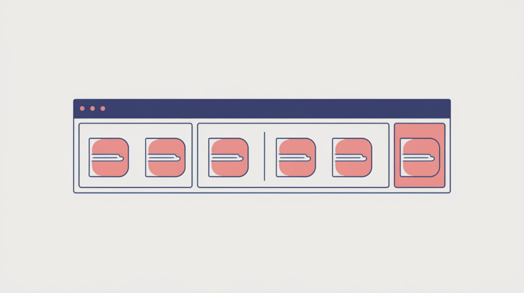 Abstract illustration of a website navigation bar with highlighted repeated menu-label tokens, in RankGear indigo and coral.