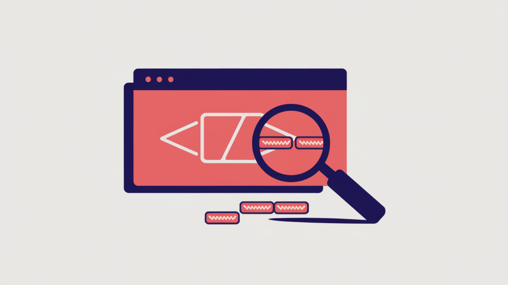 Abstract illustration of keyword variations counted inside a hidden noscript fallback panel behind a rendered page, in RankGear indigo and coral.