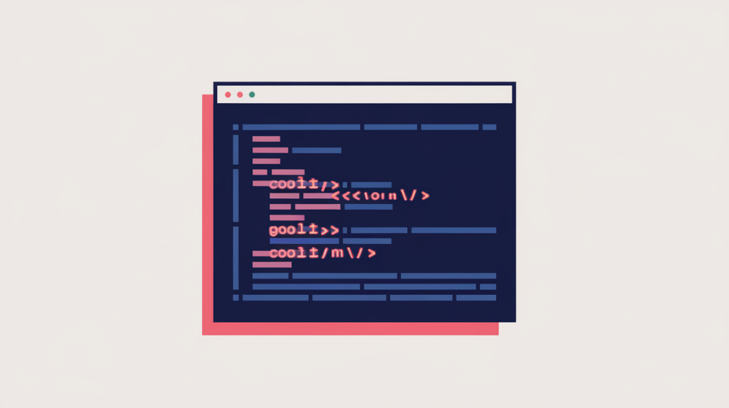 Abstract illustration of highlighted keyword tokens inside a preformatted code block, in RankGear indigo and coral.