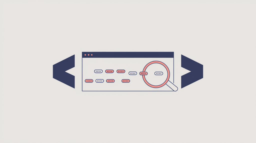Abstract illustration of keyword variations counted inside a sample program-output code block, in RankGear indigo and coral.