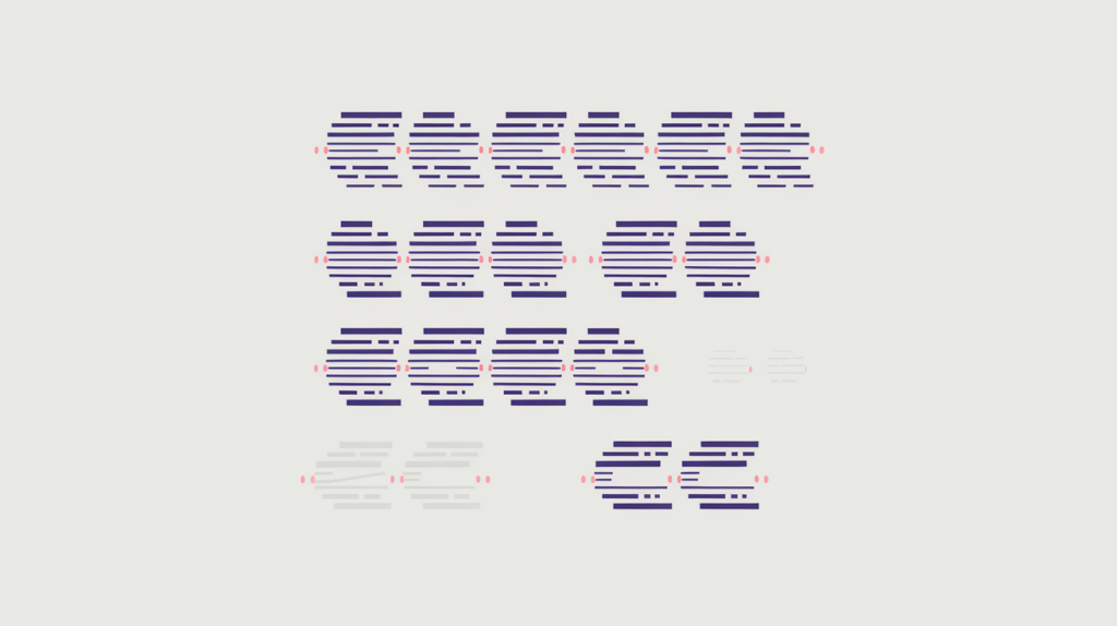 Abstract illustration of keyword variations marked across full body sentences while short fragments are excluded, in RankGear indigo and coral.