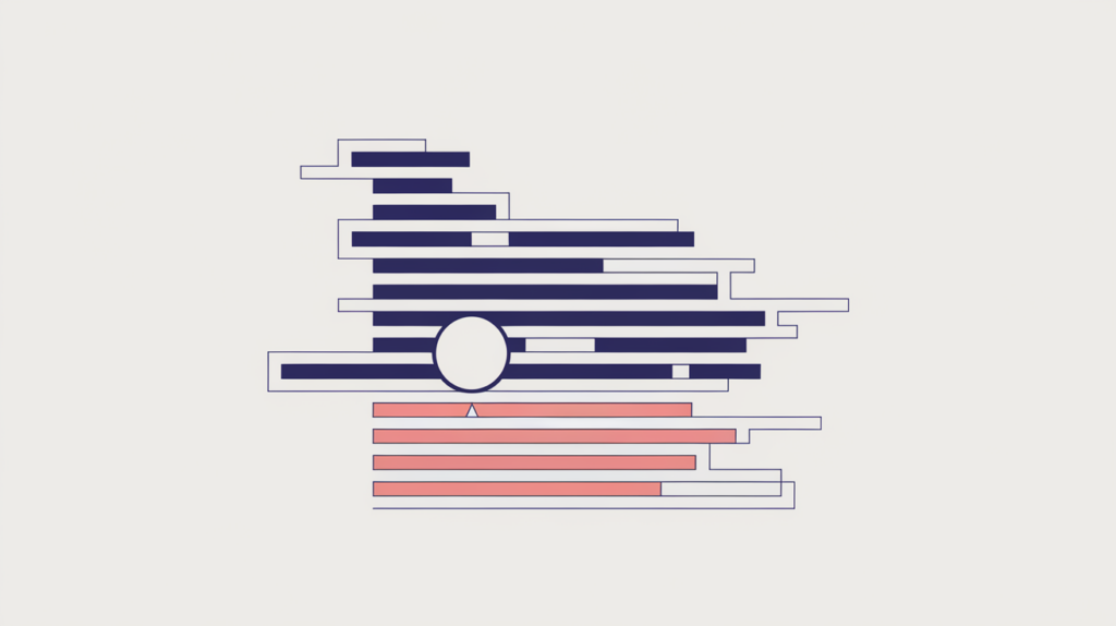 Abstract illustration of bold-emphasized words being counted among lighter text, in RankGear indigo and coral.