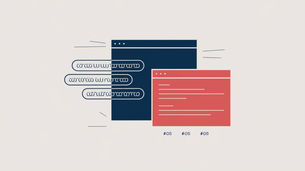 Abstract illustration of keyword variations counted inside inert HTML template fragments held in reserve, in RankGear indigo and coral.