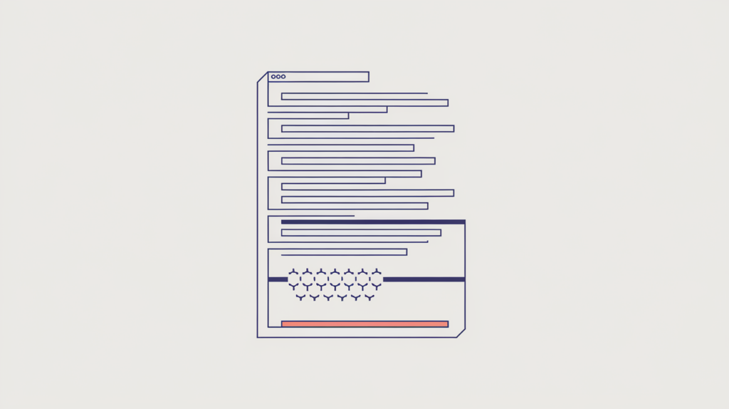 Abstract illustration of a text column with its final section highlighted as a measurement window and small markers for keyword variations near the end, in RankGear indigo and coral.