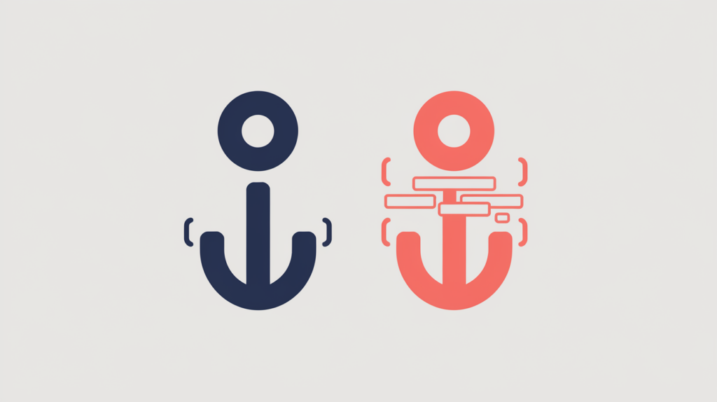 Abstract illustration of link anchor text where a single whole-word anchor matches a keyword variation and a longer anchor does not, in RankGear indigo and coral.