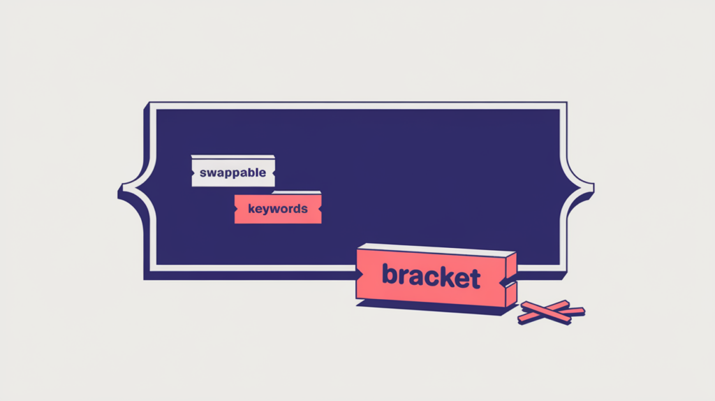 Abstract illustration of a bold-emphasized bar filled edge to edge by swappable keyword-variation chips next to a rejected overflowing bar, in RankGear indigo and coral.