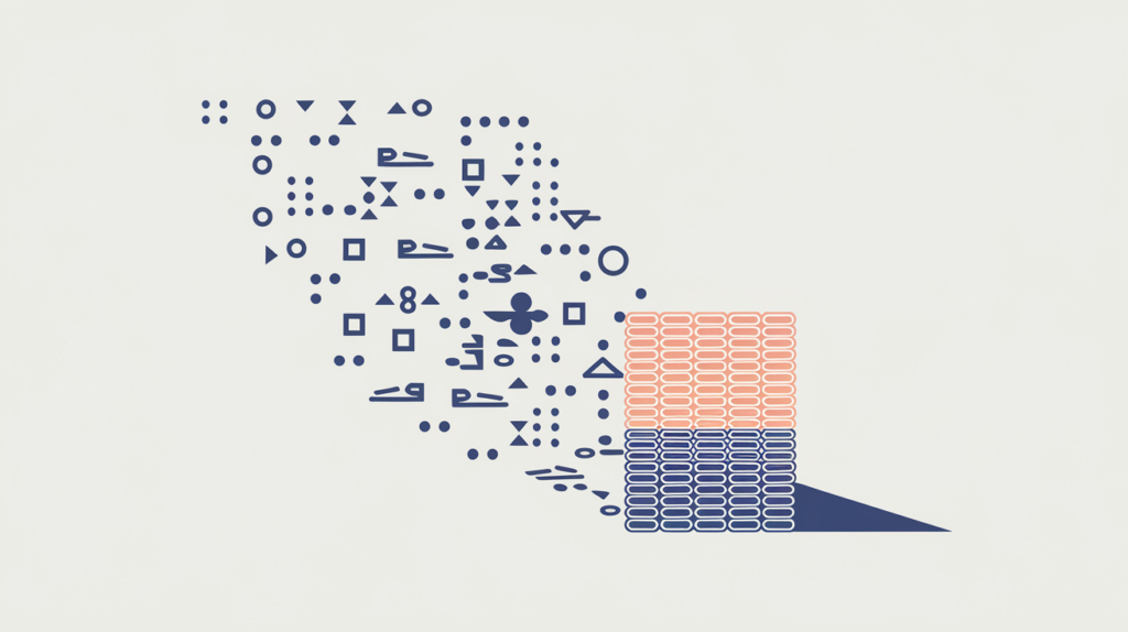Abstract illustration of many distinct unique terms spread across a page versus a few repeated marks, in RankGear indigo and coral.
