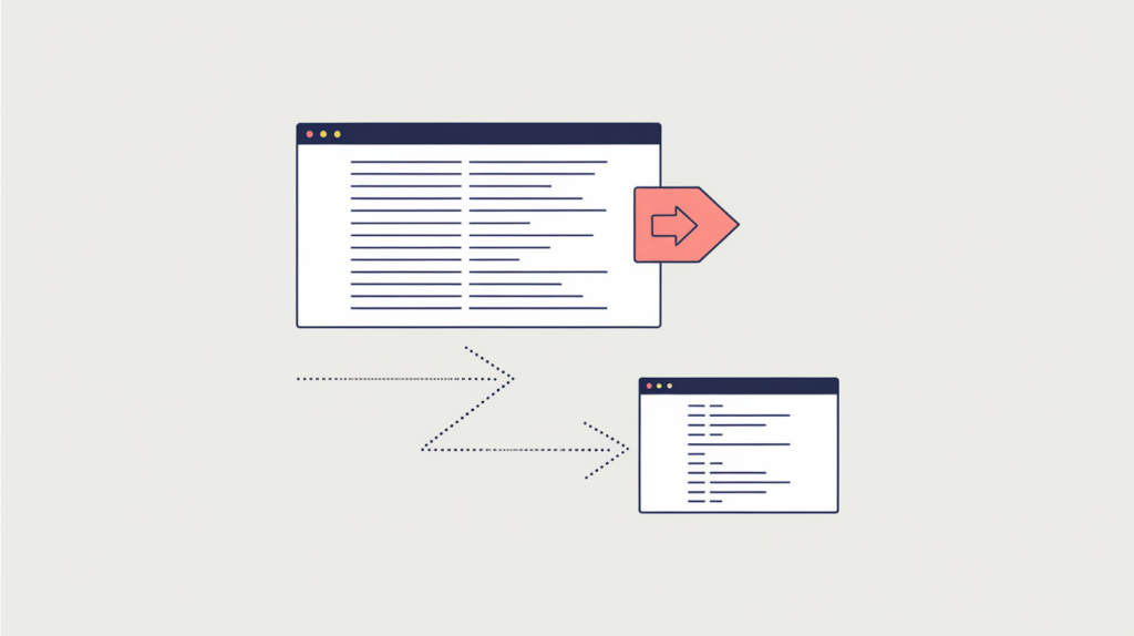 Abstract illustration of a page declaring an amphtml link to a faster AMP alternate document, in RankGear indigo and coral.