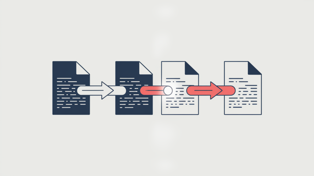 Abstract illustration of paginated document cards linked by a forward next-page connector, in RankGear indigo and coral.