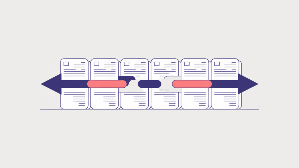 Abstract illustration of paginated pages joined by previous and next relationship links, in RankGear indigo and coral.
