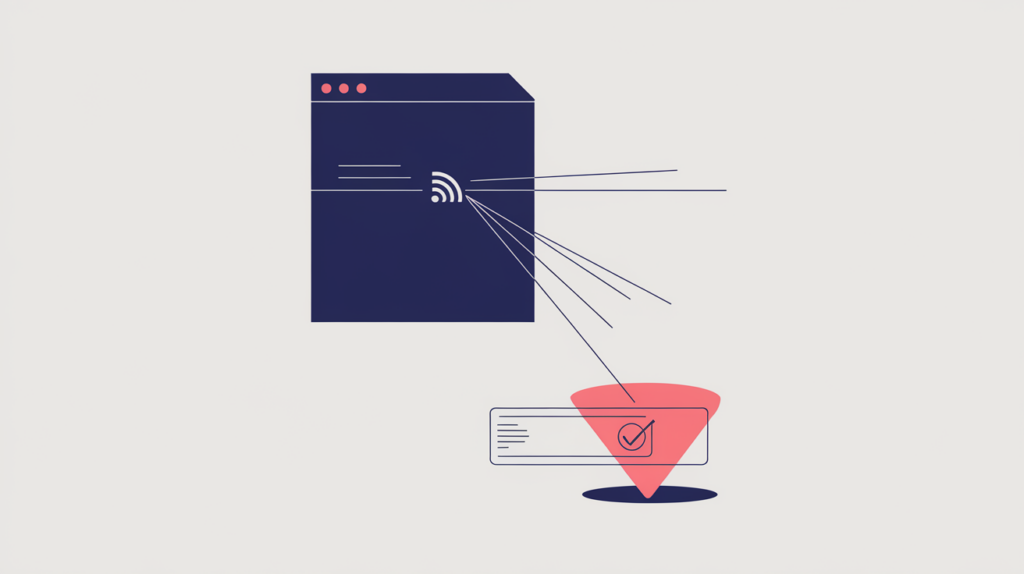 Abstract illustration of a document head advertising an RSS feed discovery link, in RankGear indigo and coral.