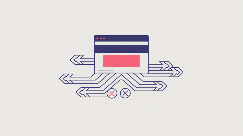 Abstract illustration of a page linking out to external sites with some outbound links excluded, in RankGear indigo and coral.