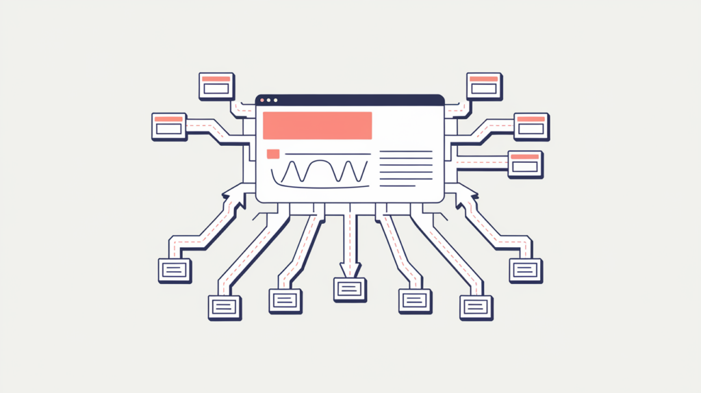 Abstract illustration of a web page with outbound links leaving to other sites while internal links loop back, in RankGear indigo and coral.