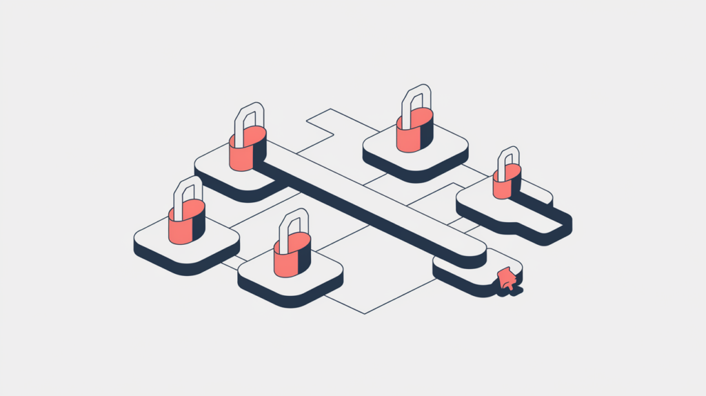 Abstract illustration of anchor links secured by padlocks resolving over HTTPS beside an unsecured link, in RankGear indigo and coral.