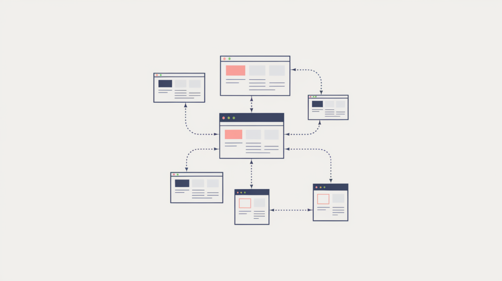 Abstract illustration of a page linking internally to other pages within one site boundary while one link exits to an external node, in RankGear indigo and coral.
