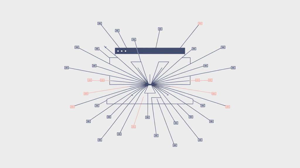 Abstract illustration of a page with many outbound anchor links radiating to destination nodes, in RankGear indigo and coral.