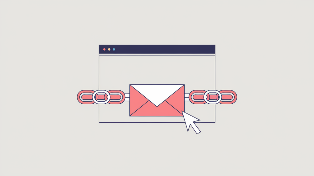 Abstract illustration of an email link connecting an envelope to a web page, in RankGear indigo and coral.