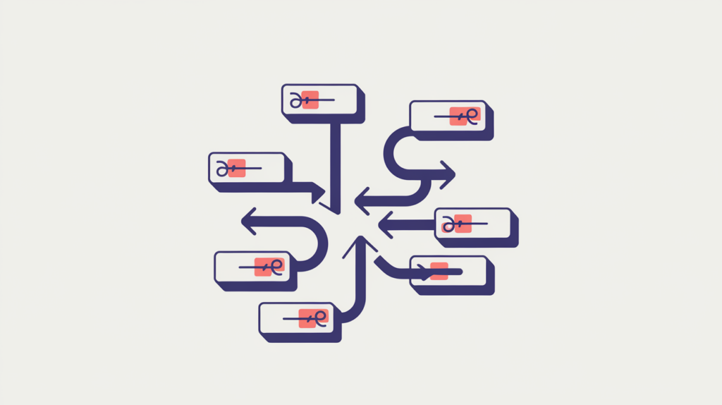 Abstract illustration of outbound external links marked as nofollow leaving a page toward other domains, in RankGear indigo and coral.