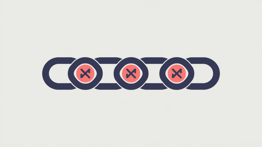 Abstract illustration of a chain of links with some marked as nofollow and stopping the passed signal, in RankGear indigo and coral.