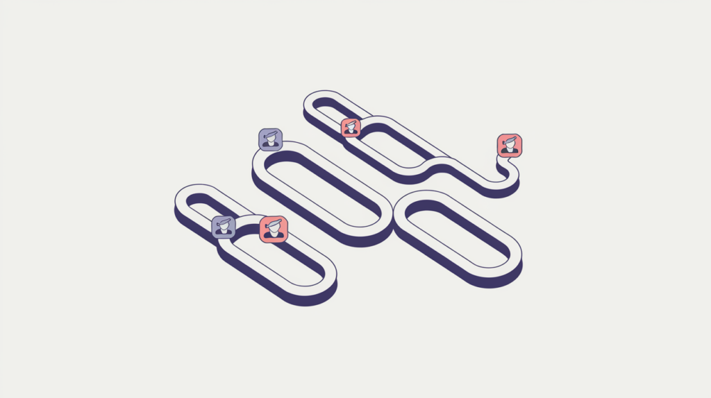 Abstract illustration of author-relationship links pointing to a single author node, in RankGear indigo and coral.