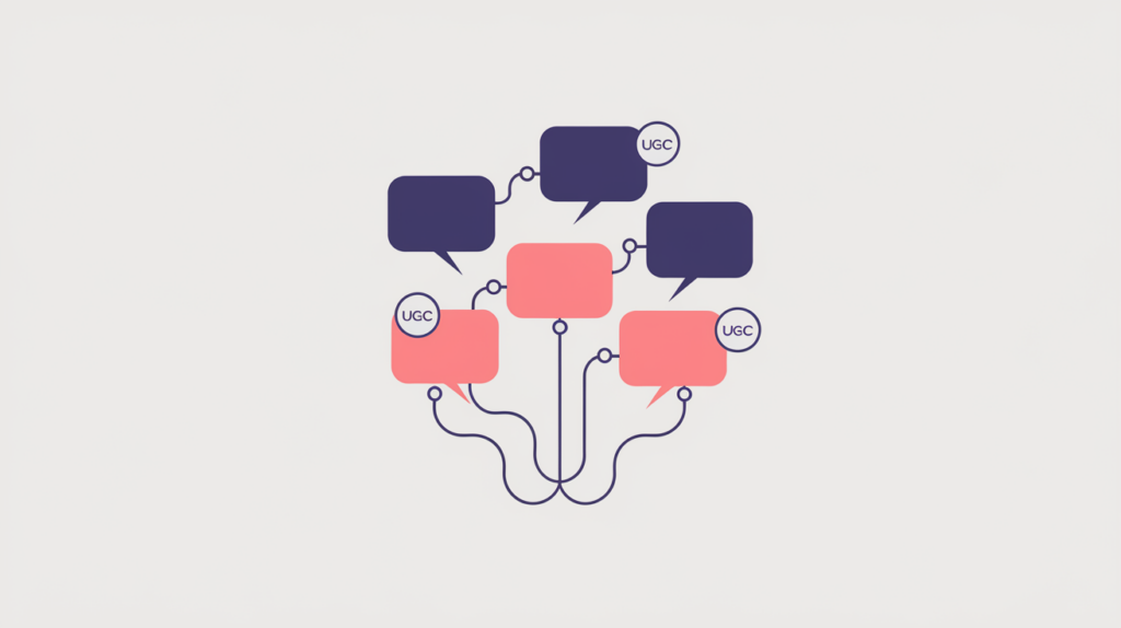 Abstract illustration of user-generated comment links tagged with a UGC relationship badge, in RankGear indigo and coral.