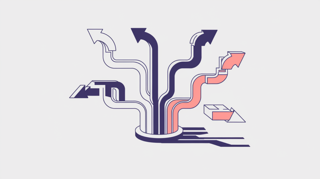 Abstract illustration of a page sending solid dofollow and dashed nofollow links out to external sites, in RankGear indigo and coral.