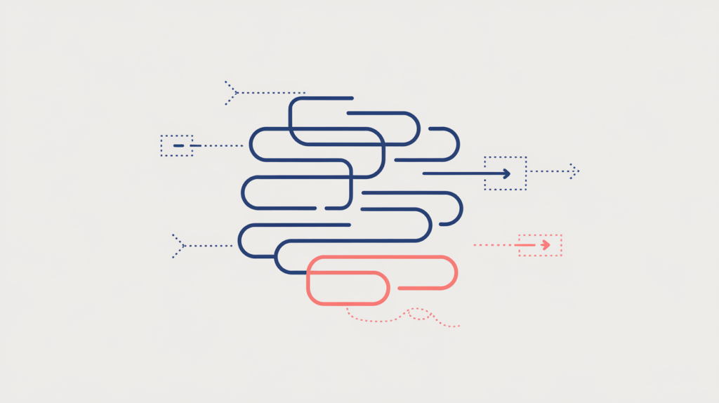 Abstract illustration of internal same-site links versus nofollow and external links, in RankGear indigo and coral.