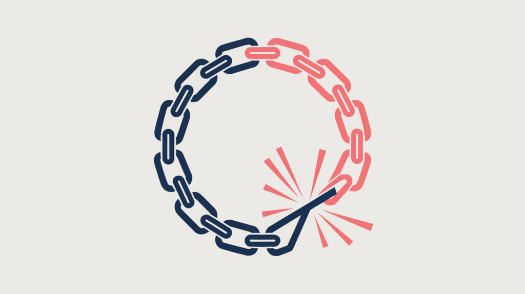 Abstract donut-style ratio of a large share of solid dofollow chain-links versus a smaller share of broken nofollow links, in RankGear indigo and coral.
