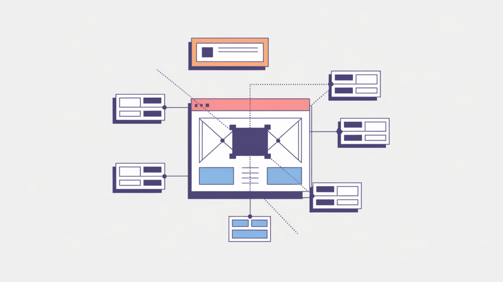 Abstract illustration of a website internal link graph with some connections shown as dashed, nofollowed links, in RankGear indigo and coral.