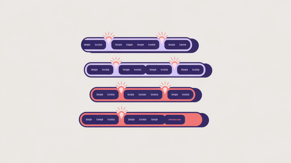 Abstract illustration of related terms recurring and highlighted within separate sentence lines, in RankGear indigo and coral.