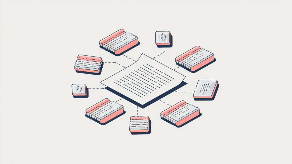Abstract illustration of unique related-term coverage across a page's vocabulary, in RankGear indigo and coral.
