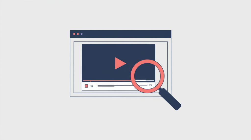 Abstract illustration of a detector scanning a page for an embedded video player, in RankGear indigo and coral.
