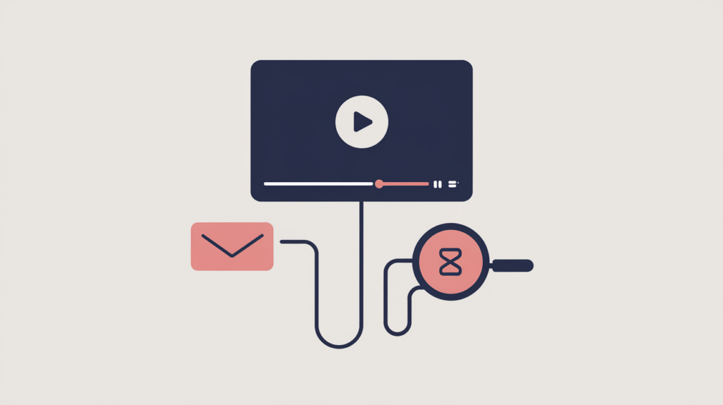 Abstract illustration of a detected Vimeo video embed on a page, in RankGear indigo and coral.