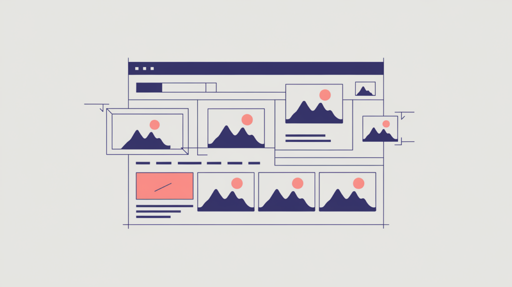 Abstract illustration of a page with counted image placeholder frames among body text, in RankGear indigo and coral.