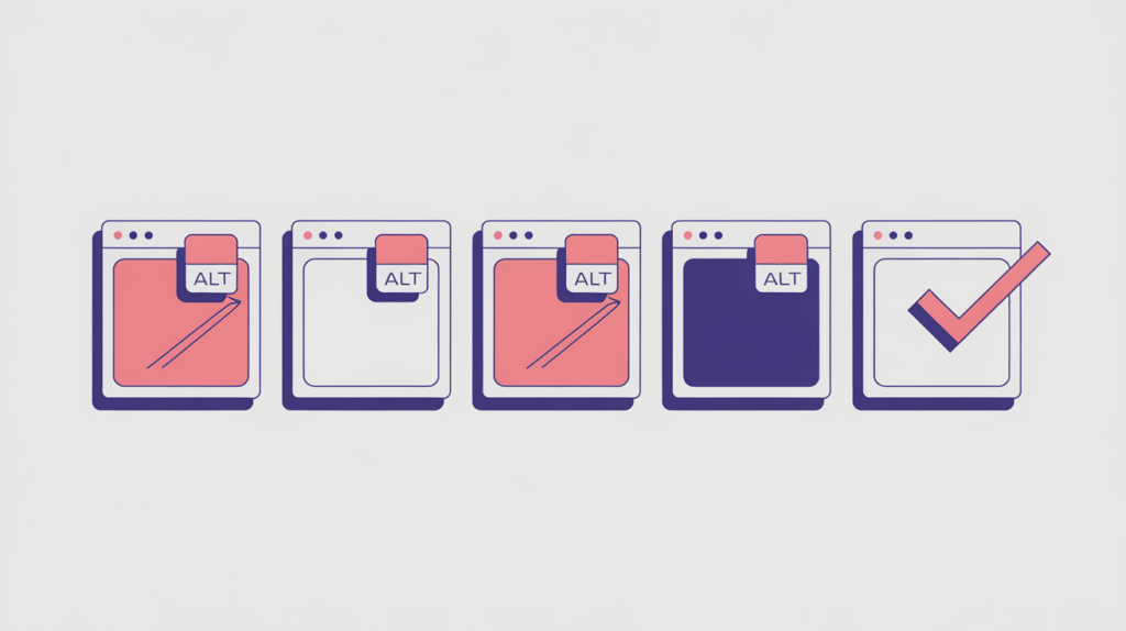 Abstract illustration of image thumbnails with and without alt-text labels being counted, in RankGear indigo and coral.