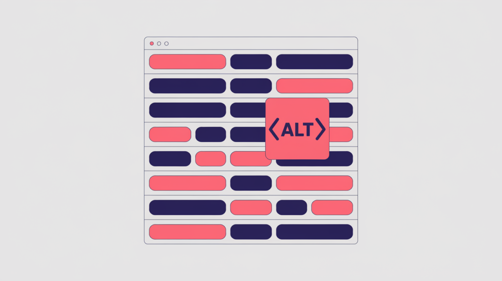Abstract illustration of a grid of page images with several missing their alt-text labels, in RankGear indigo and coral.